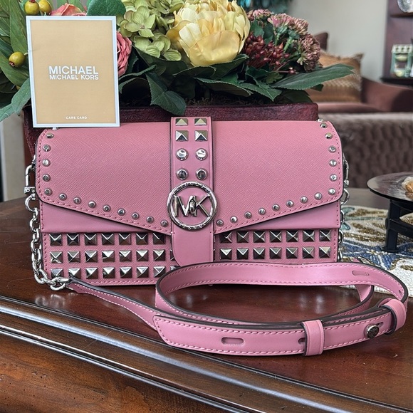 Brand New Michael Kors Pink Leather Greenwich Convertible Studded Shoulder Bag - Picture 16 of 16